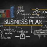 A blackboard with a sample business plan written out, highlighting mission, goal, SWOT, training, market and timeline.